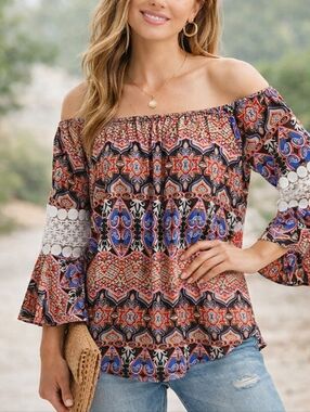 WinWin Boho Floral Tunic Top On/Off Shoulder Bell Sleeve L XL
